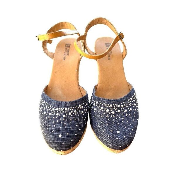 White Mountain Navy Denim Espradilles Wedge Beaded Metallic Sandals NWOB Size 8 - Picture 8 of 8